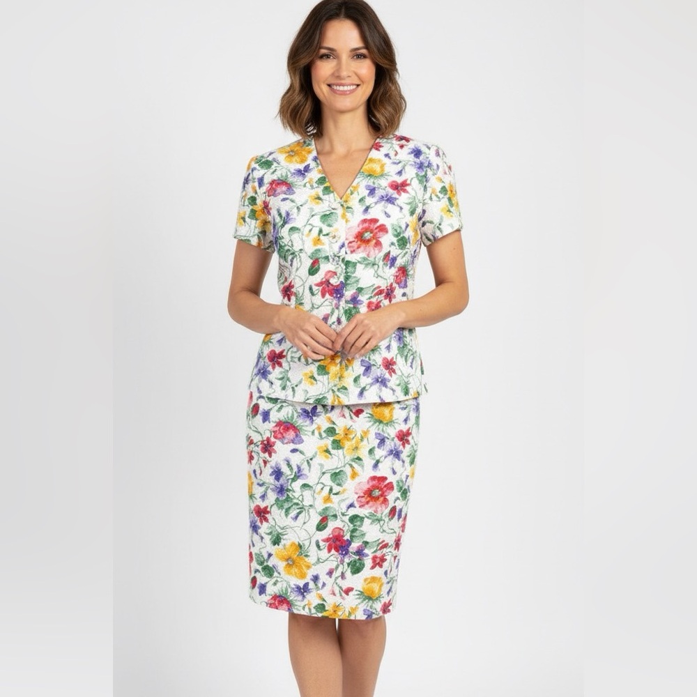 Albert Nipon Skirt Suit 2 pc Set Blazer Jacket Pencil Floral Short Sleev…